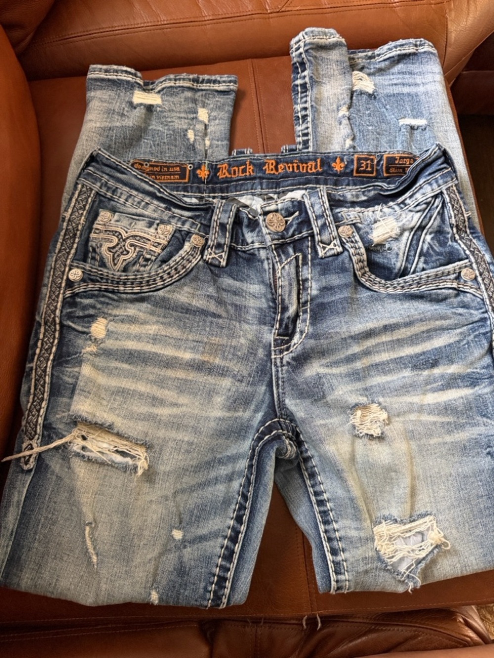 Rock Revival Light Blue Distressed Embroidered Pocket Jeans